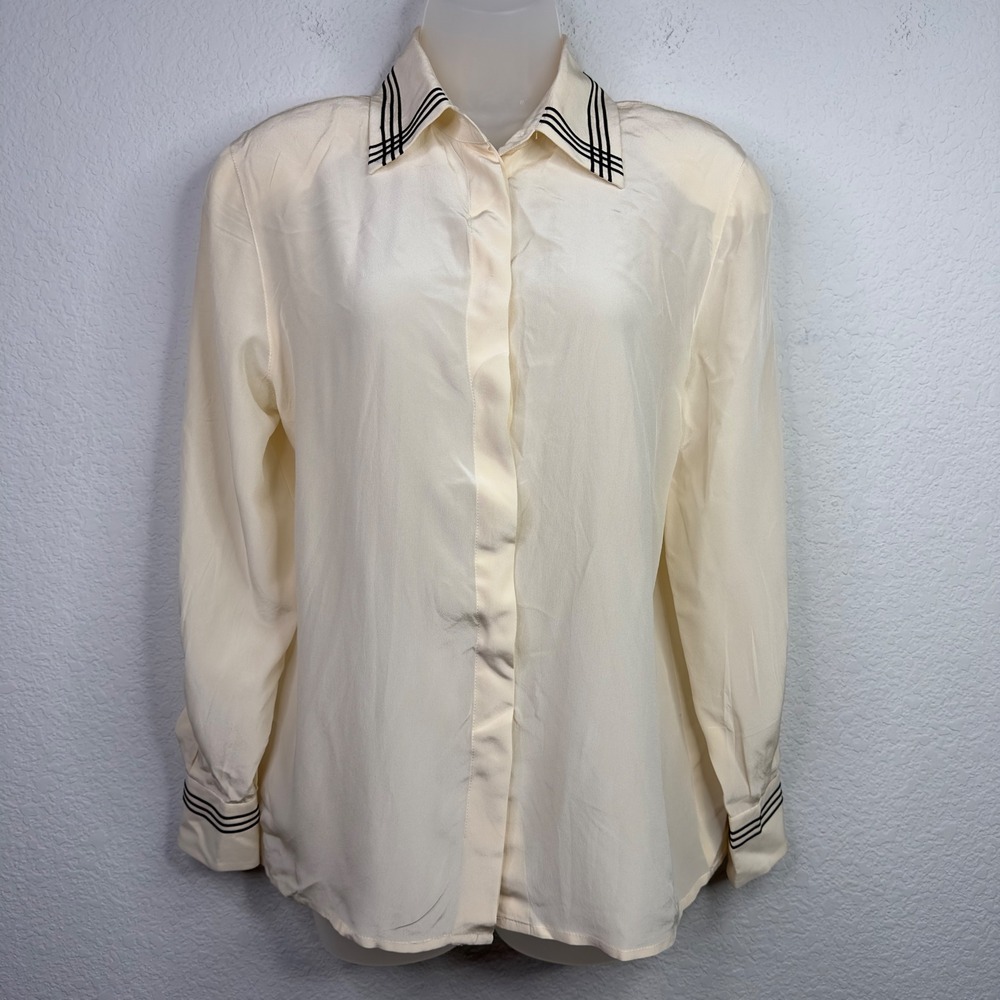 VTG Les Copains Shirt Women IT42/6 Cream Silk Embroidered Old Money Italy Luxury